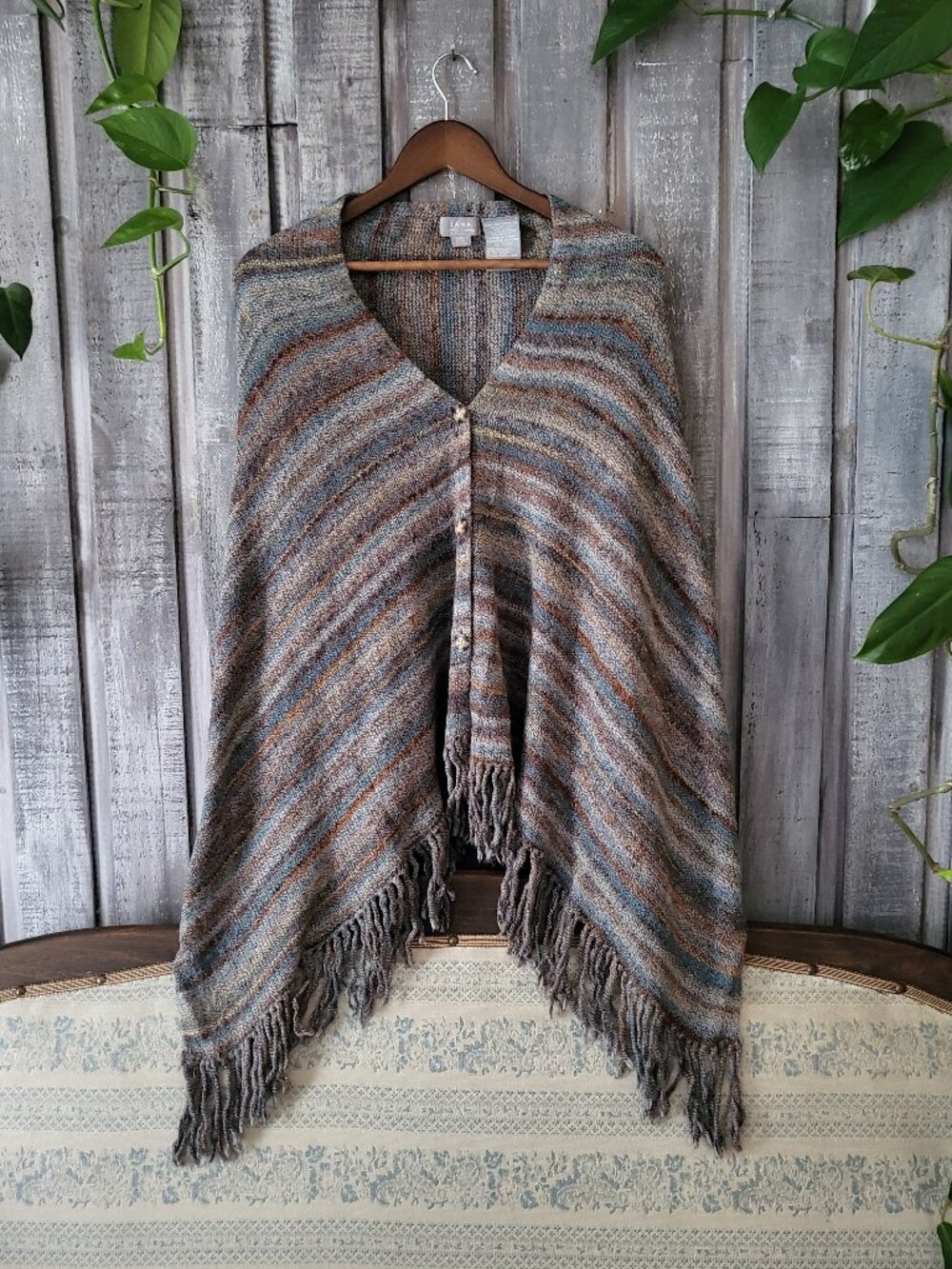 Cozy Earth Tone Striped Cotton Blend Knit Fringe Shawl Poncho L/XL NWOT